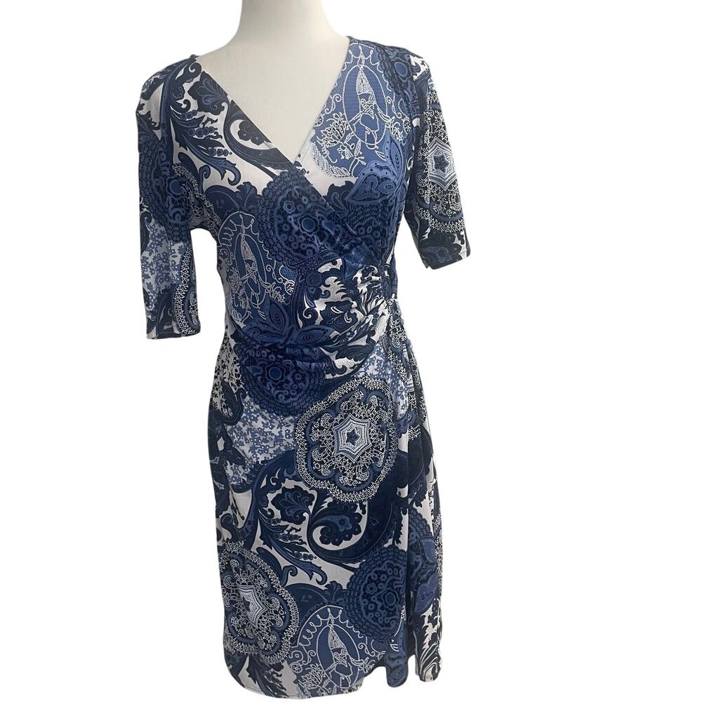 Glamour Blue Paisley Faux Wrap Dress Size 8 Stretch Career Cottagecore